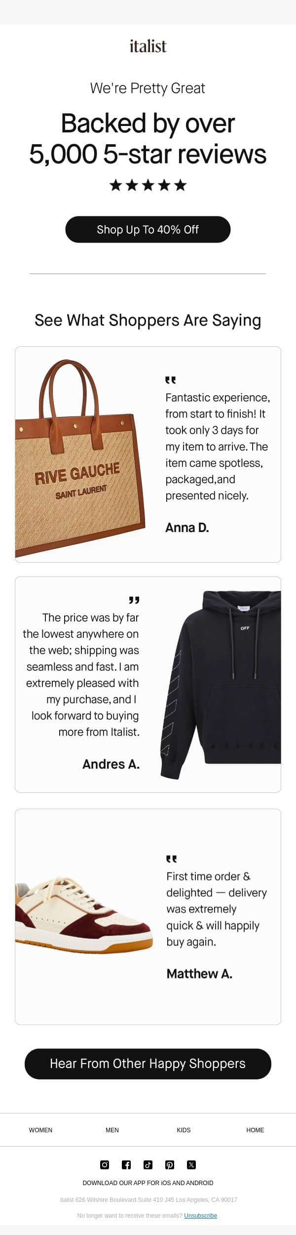 Shoppers love us ⭐️⭐️⭐️⭐️⭐️ email from Italist screenshot