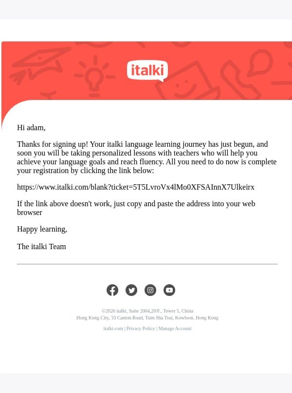 Thanks for signing up, adam email from italki screenshot