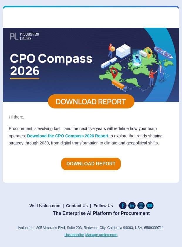 Download CPO Compass 2026 Report – Your Guide to Procurement Through 2030 email from Ivalua screenshot