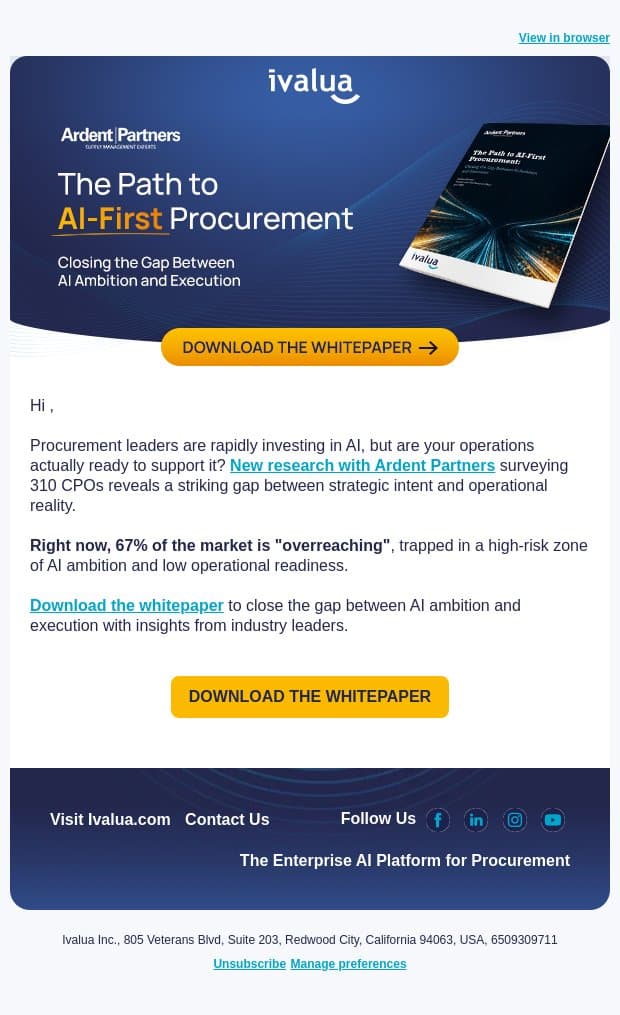 The Path to AI-First Procurement: Turning Ambition into Action email from Ivalua screenshot