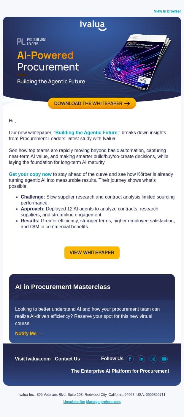 New Whitepaper: Shaping Procurement’s Agentic AI Future email from Ivalua screenshot