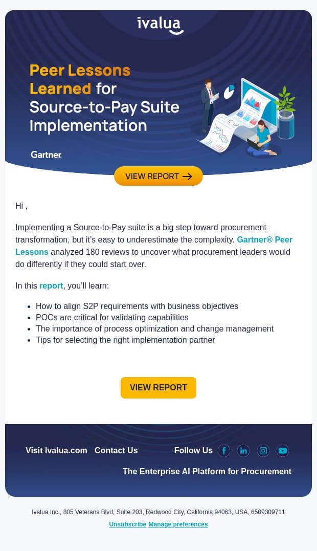 Gartner® Peer Lessons to Guide Your 2026 Source-to-Pay Plan email from Ivalua screenshot