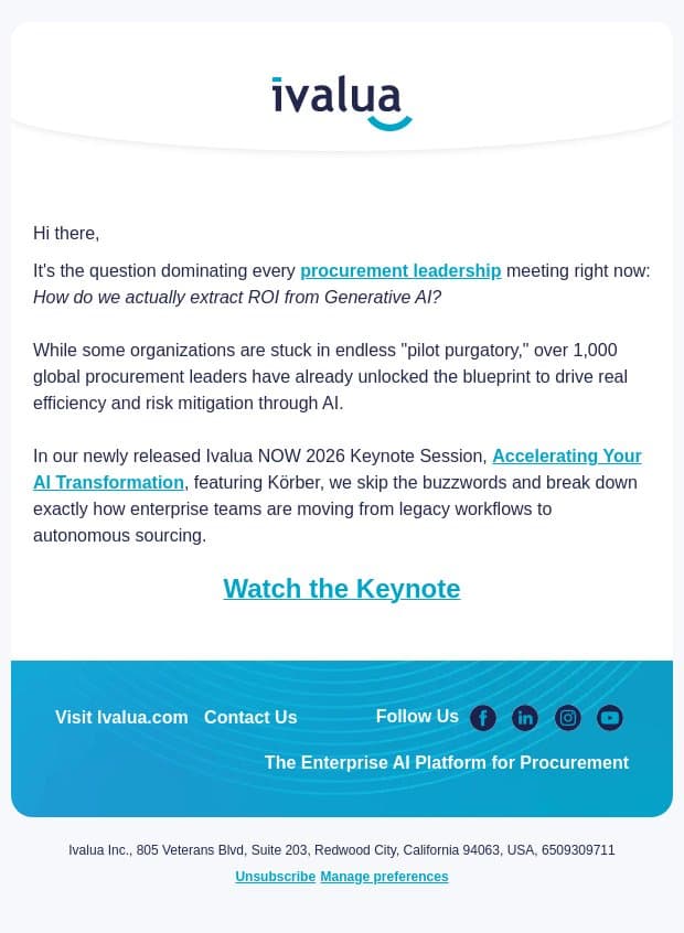 Keynote Session: The AI roadmap 1,000+ procurement leaders are using email from Ivalua screenshot