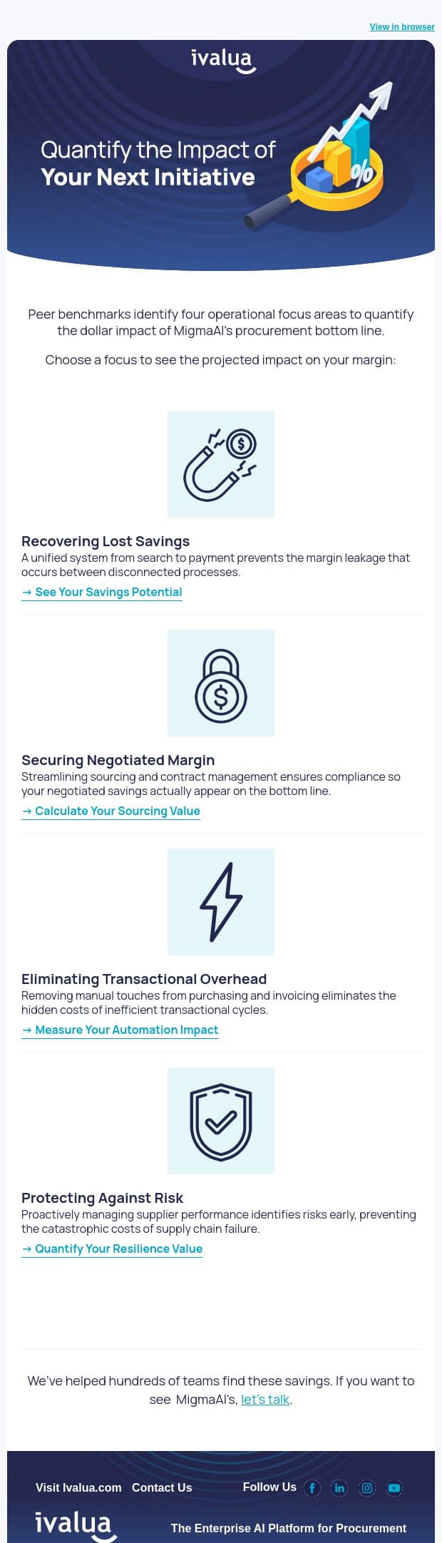 Peer benchmarks: Four focus areas for procurement savings email from Ivalua screenshot