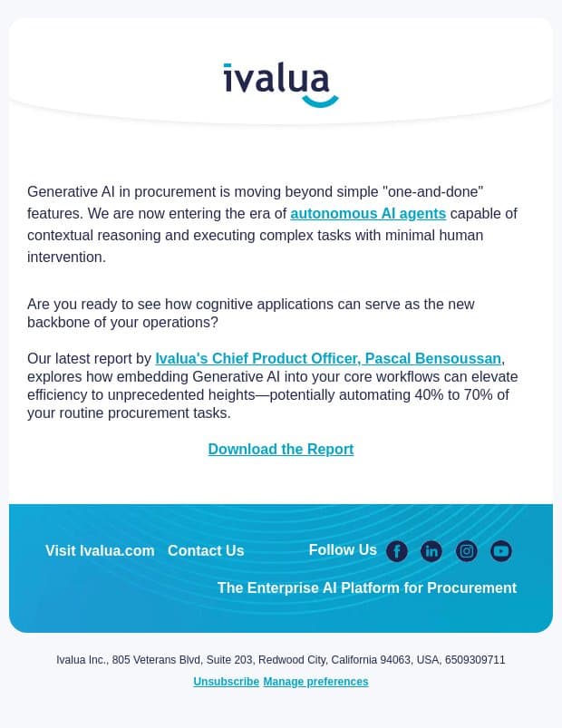 Powering Procurement Transformation with Autonomous AI Agents email from Ivalua screenshot