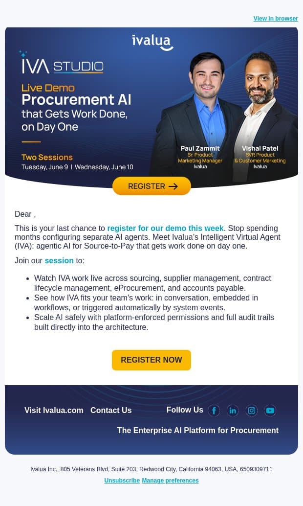 Live Demo This Week: Agentic AI for Source-to-Pay email from Ivalua screenshot