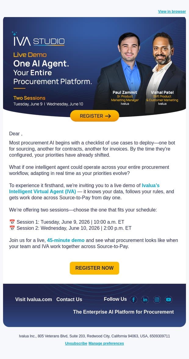 See IVA Live: One AI Agent for Your Entire Procurement Platform email from Ivalua screenshot