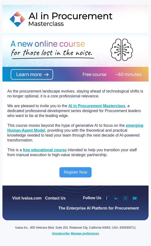 NEW Masterclass: AI in Procurement email from Ivalua screenshot