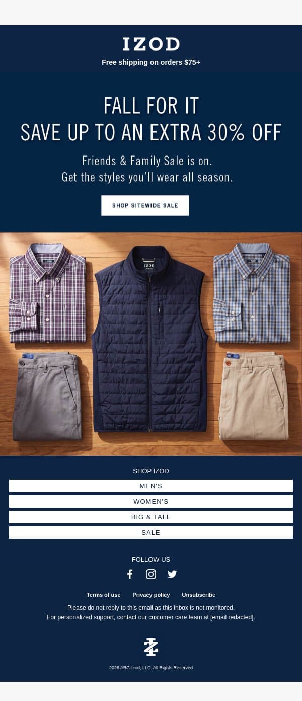 Layer Up, Friends email from Izod screenshot