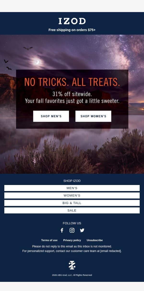 31% Off. Scary Good Sale email from Izod screenshot