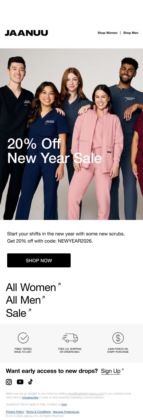 New Scrubs for 20% Off email from Jaanuu screenshot