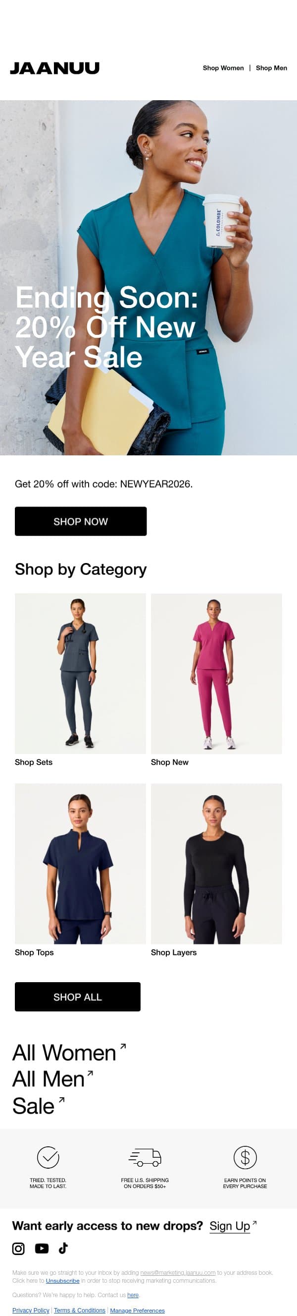 Last Day: Upgrade Your Scrubs for 20% Off email from Jaanuu screenshot