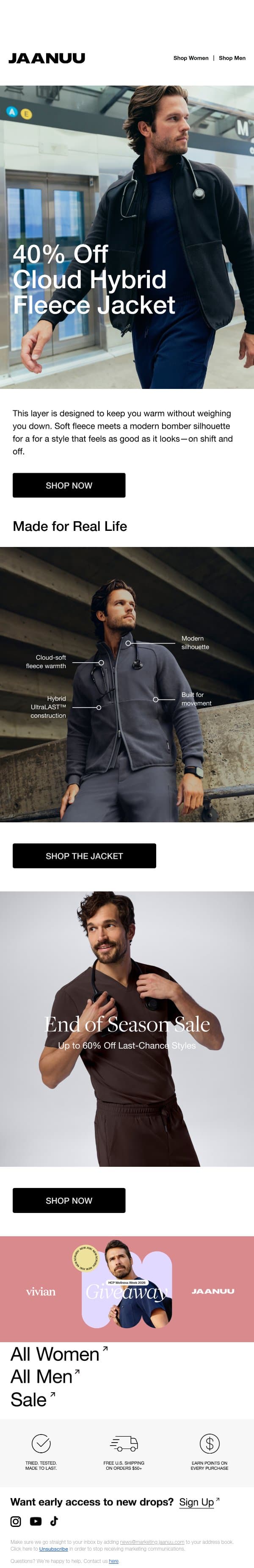 Cloud Hybrid Fleece Jacket Now 40% Off email from Jaanuu screenshot