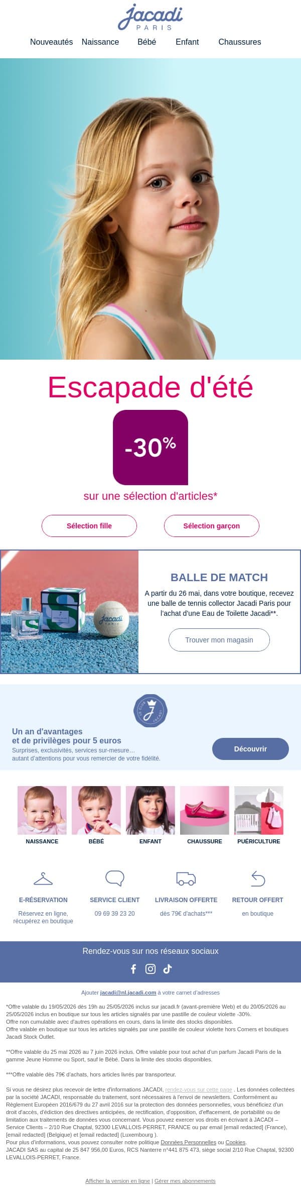 -30% sur la sélection Escapade d'été email from Jacadi screenshot