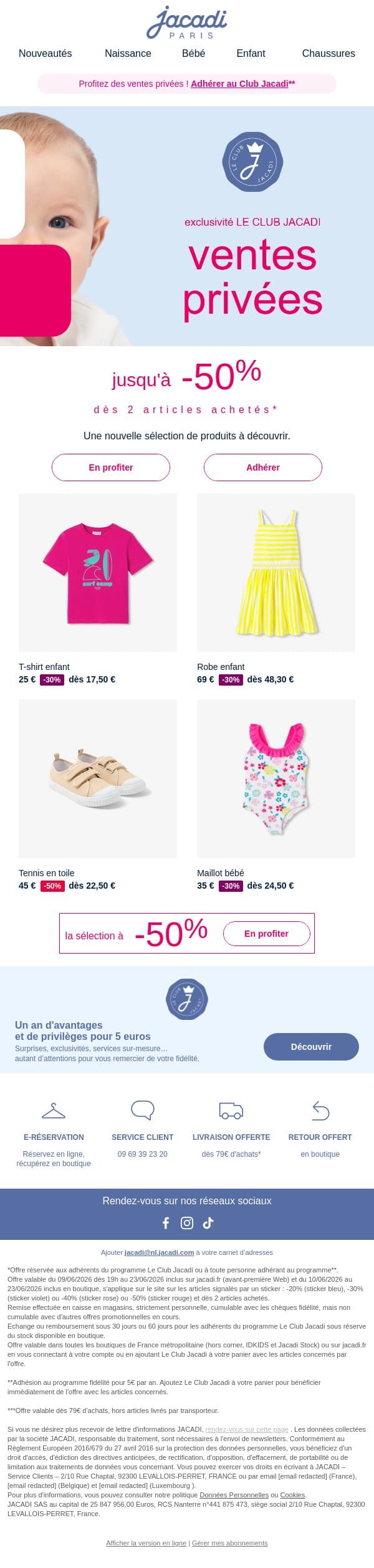Nouvelle sélection jusqu'à -50% en Ventes Privées email from Jacadi screenshot
