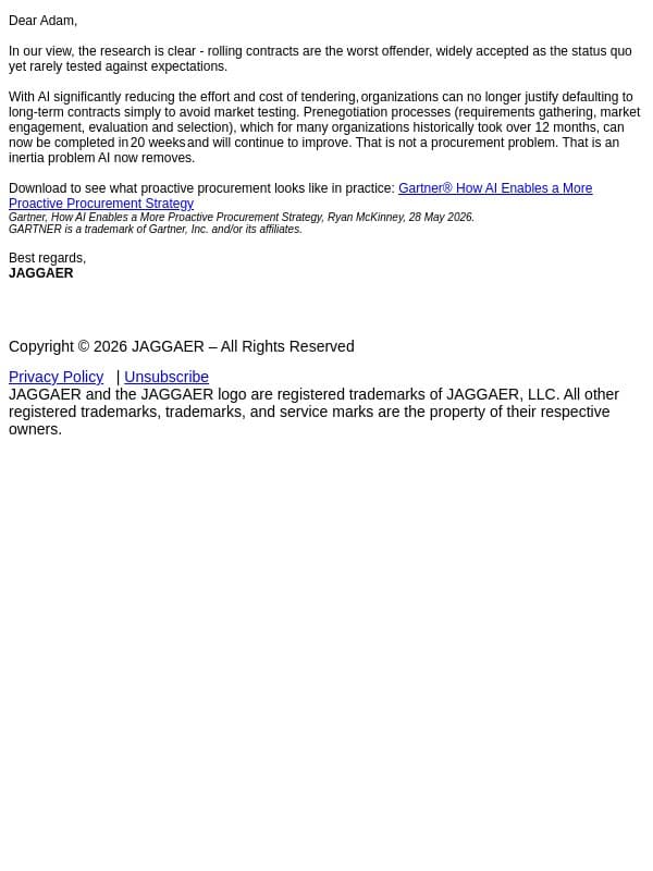 Takeaways from Gartner® - How AI Enables a More Proactive Procurement Strategy email from Jaggaer screenshot