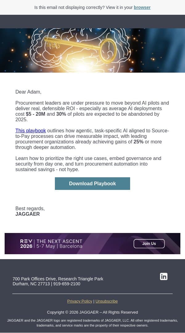 Why Most AI Pilots Fail and How Procurement Can Deliver ROI email from Jaggaer screenshot