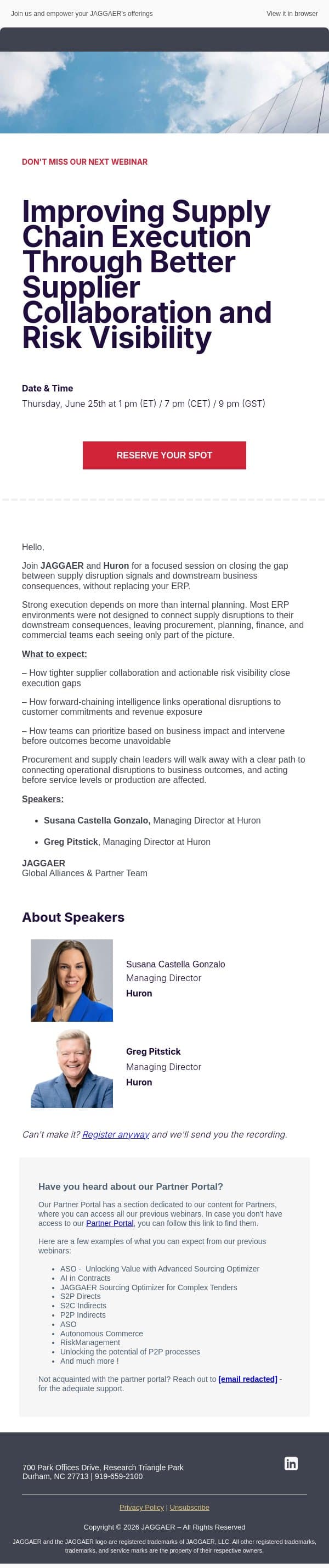 Improving Supply Chain Execution Through Better Supplier Collaboration and Risk Visibility email from Jaggaer screenshot