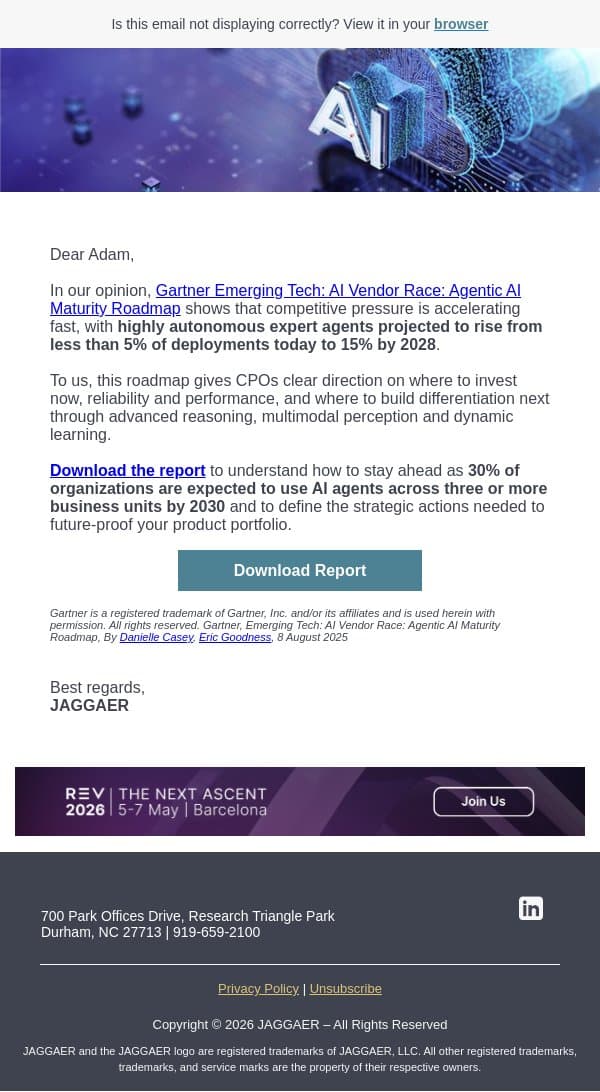 Takeaways from Gartner New Agentic AI Roadmap: What It Means for Your Product Strategy email from Jaggaer screenshot