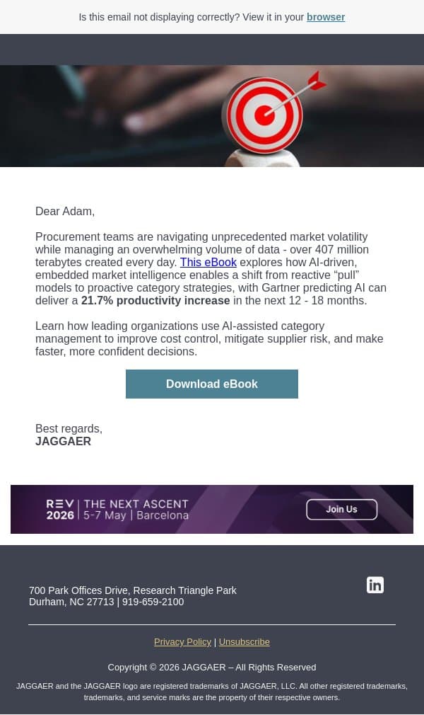 From Data Overload to Smarter Category Decisions with AI email from Jaggaer screenshot