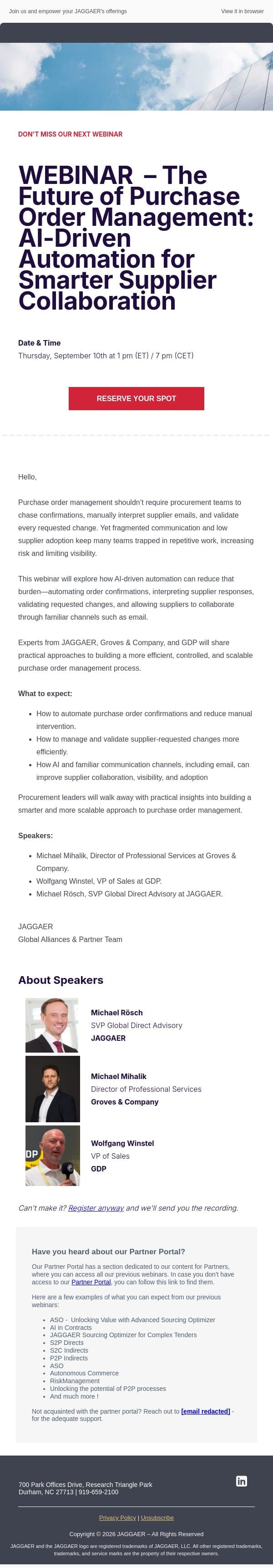 The Future of Purchase Order Management: AI-Driven Automation for Smarter Supplier Collaboration email from Jaggaer screenshot