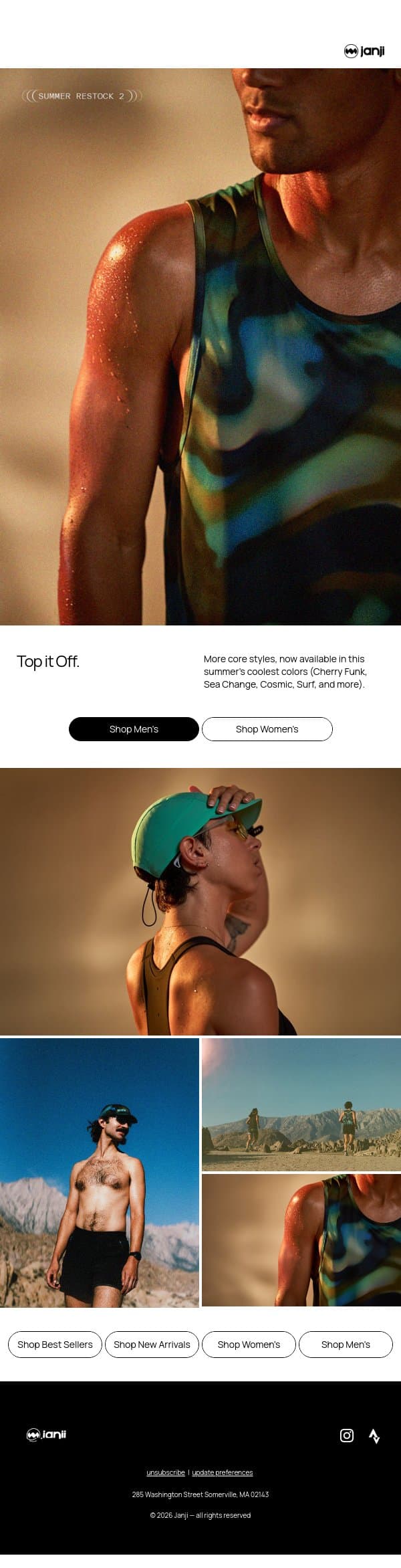 Hats, Tops, and Middle Shorts email from Janji screenshot