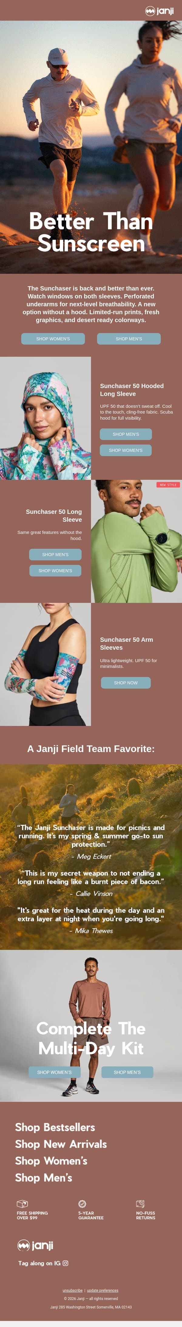 RESTOCKED: THE SUNCHASER IS BACK ☀️ email from Janji screenshot