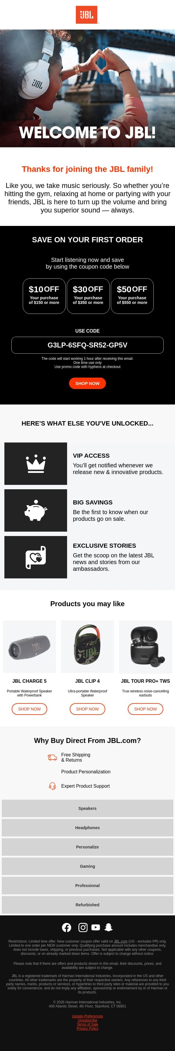 Welcome to JBL email from JBL screenshot