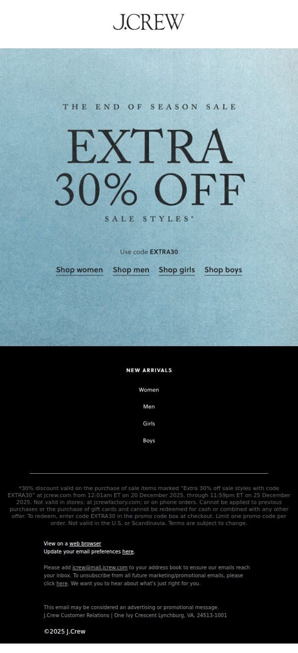 Enjoy extra 30% off sale styles! email from J.Crew screenshot