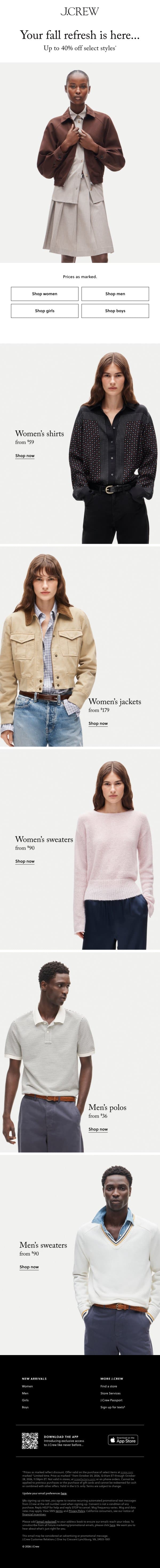 Fall sale: up to 40% off select styles email from J.Crew screenshot