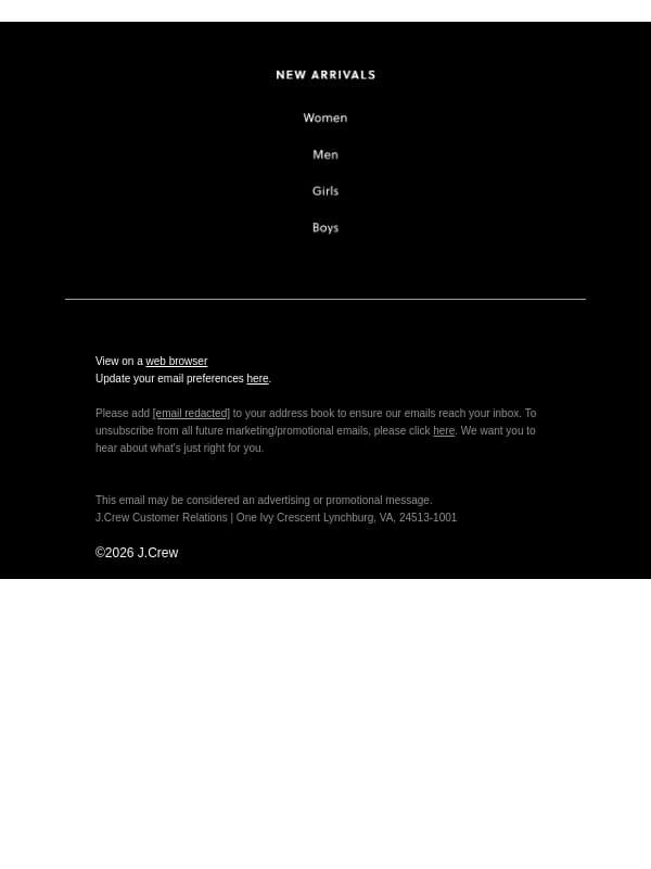 New arrivals: SPRING 2026 email from J.Crew screenshot