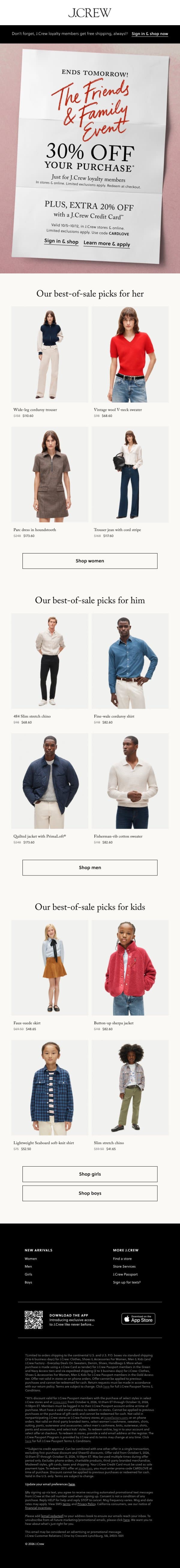 Hurry, 30% off your purchase ends tomorrow! email from J.Crew screenshot