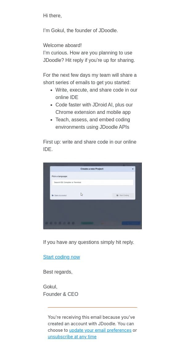 Hi there, welcome to JDoodle! email from JDoodle screenshot
