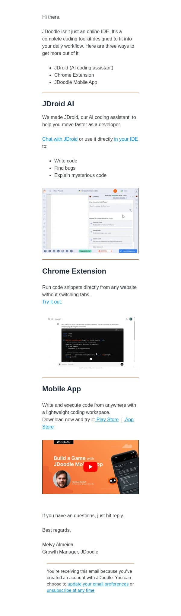 Code from anywhere with JDoodle email from JDoodle screenshot