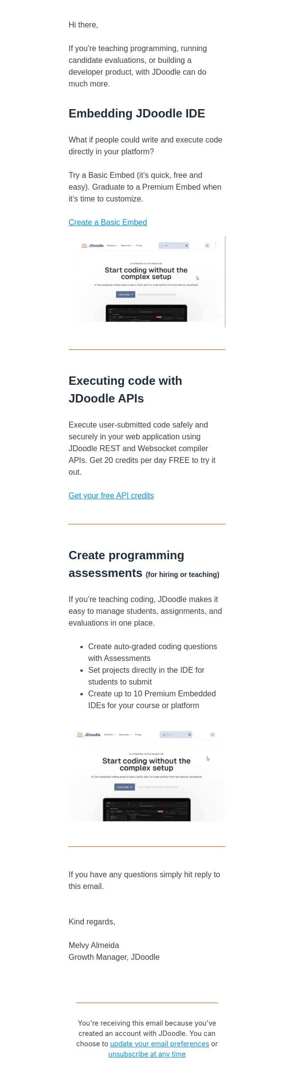 JDoodle APIs, Embedded IDEs, and Assessments email from JDoodle screenshot