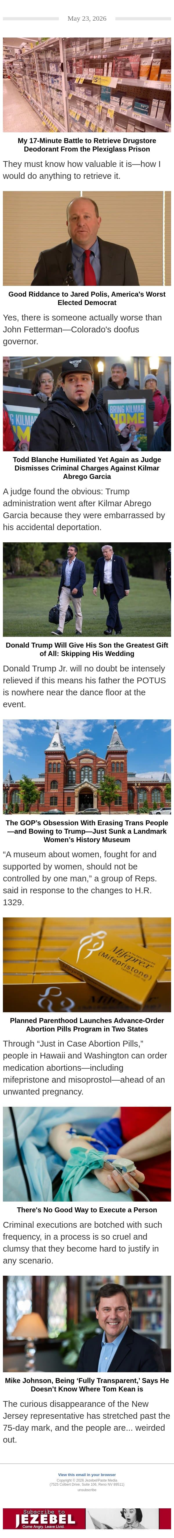 America's Worst Elected Democrat, Trump Jr.'s Wedding, Missing GOP Rep email from Jezebel screenshot