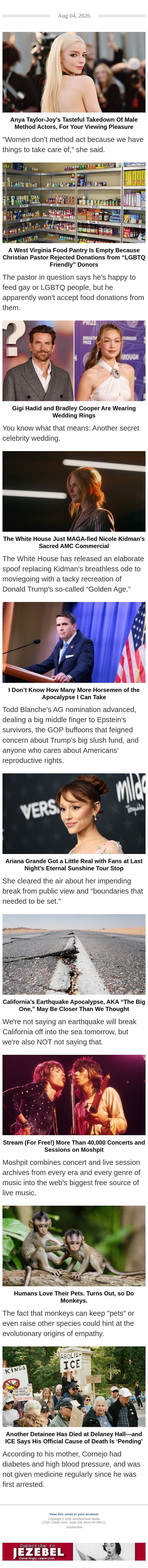 An Anya Taylor-Joy Takedown, Food Pantry Bigots, Secret Celebrity Weddings email from Jezebel screenshot