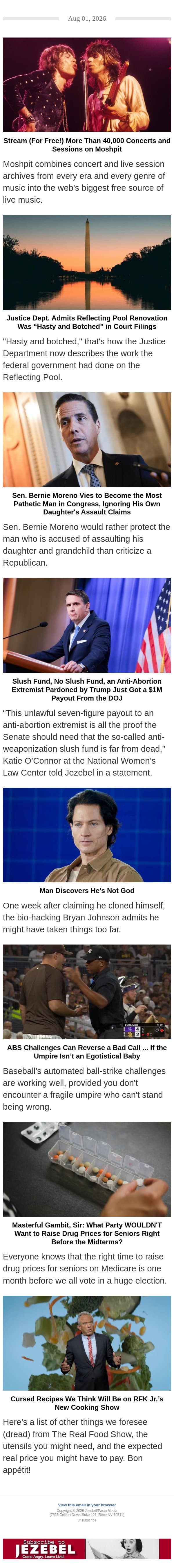 Stream Free Concerts on Moshpit, Justice Dept. Admits Reflecting Pool was "Hasty and Botched" email from Jezebel screenshot