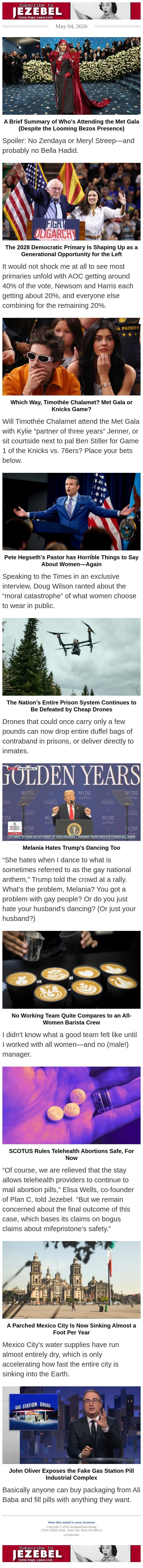 Met Gala Drama, AOC for President?, Drones and Prison Contraband email from Jezebel screenshot