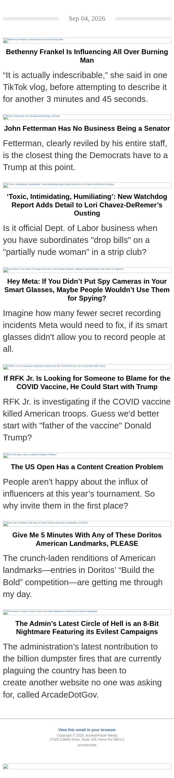 Real Housewives of Burning Man, The Shame of John Fetterman, Meta Glasses email from Jezebel screenshot
