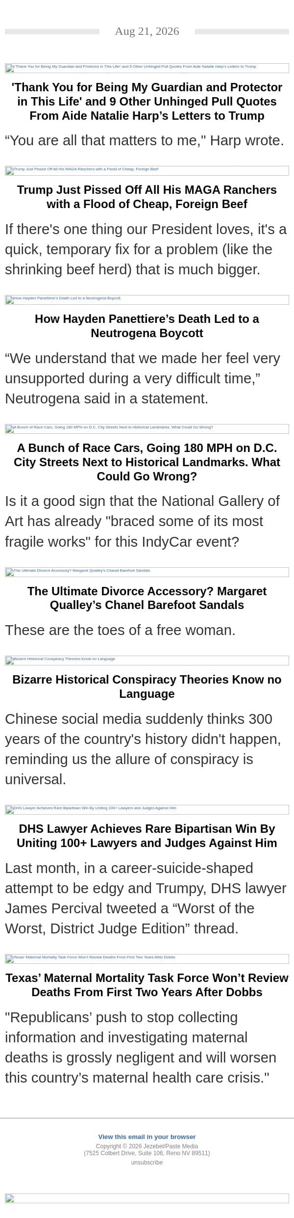 Unhinged Natalie Harp Quotes, Trump's Cheap Beef, D.C. IndyCar Race email from Jezebel screenshot