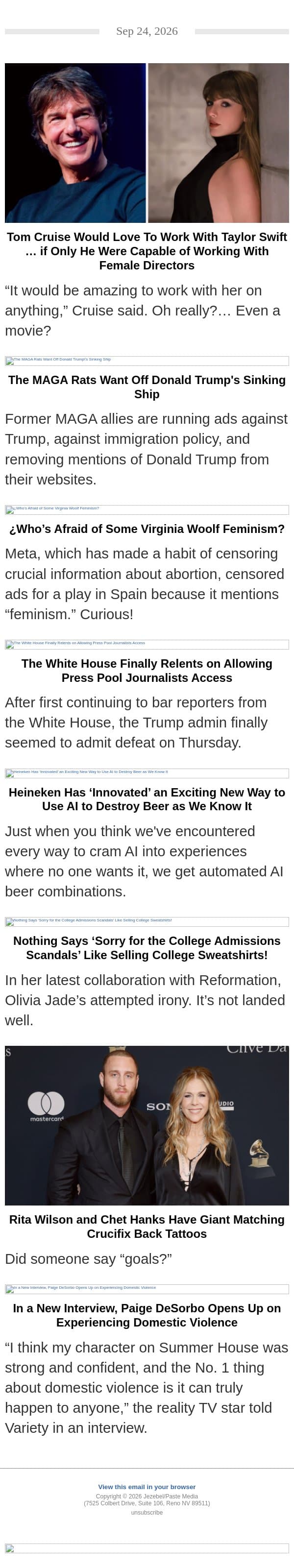 Tom Cruise + Taylor Swift? MAGA Flees From Trump, AI Ruins Your Beer email from Jezebel screenshot