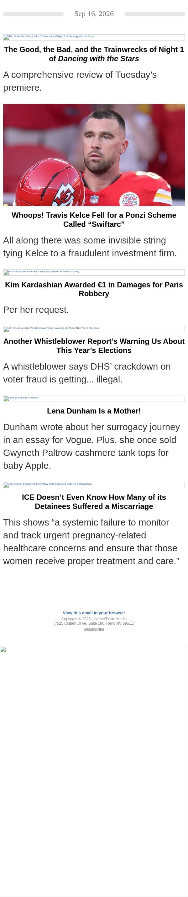 Night 1 of Dancing with the Stars, Travis Kelce’s Ponzi Oopsies, and Kim Kardashian is €1 Richer email from Jezebel screenshot