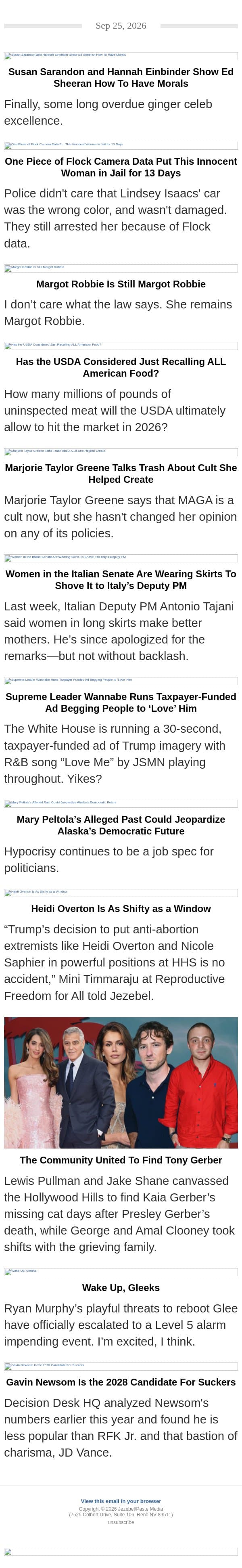 Flock Camera Data Jails an Innocent Woman, MTG Talks Trash, Margot Robbie's Transformation email from Jezebel screenshot