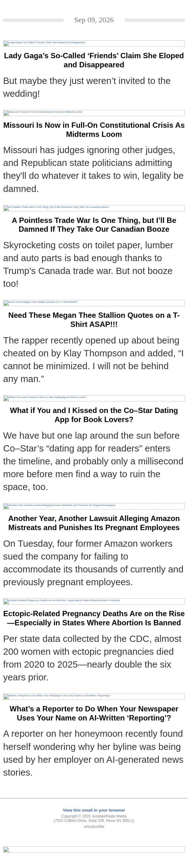 Missouri's Election Chaos, Canadian Booze Ban, Lady Gaga Elopes? email from Jezebel screenshot