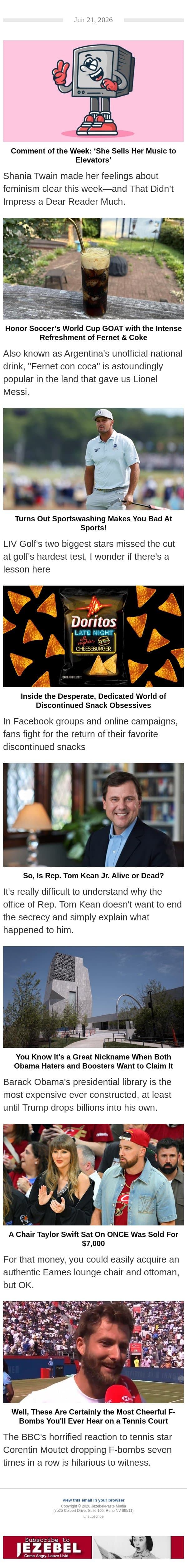 Argentina's Unofficial Cocktail, Golf's Harsh Lesson, Discontinued Snack Obsessives email from Jezebel screenshot