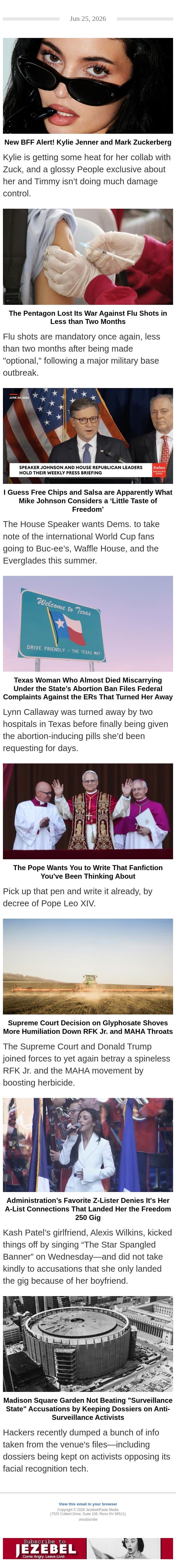 Kylie and Zuck Are BFFs, Pentagon's Embarrassing Flu Shot Reversal, Pope Leo's Fanfics email from Jezebel screenshot