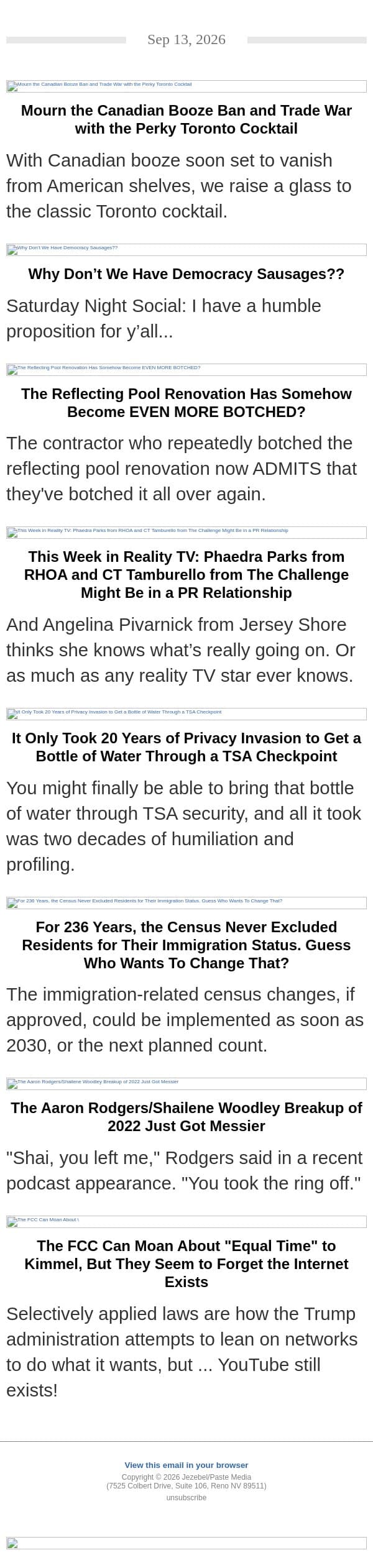 Delicious Democracy Sausages, A Cocktail Tribute to Canada, Reality TV Relationships email from Jezebel screenshot