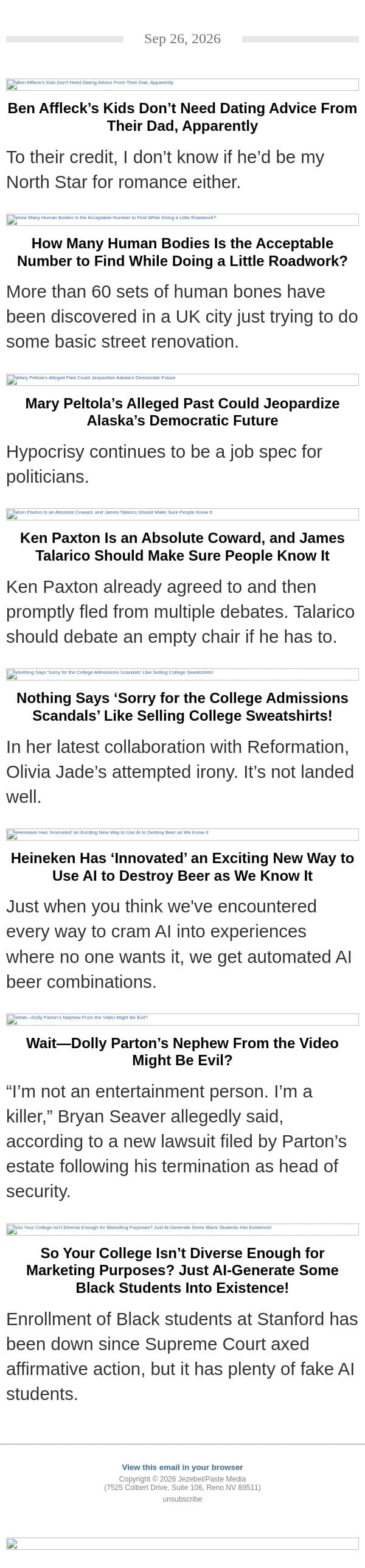 Ben Affleck's Questionable Dating Advice, Mary Peltola's Brewing Scandal, Cowardly Ken Paxton email from Jezebel screenshot