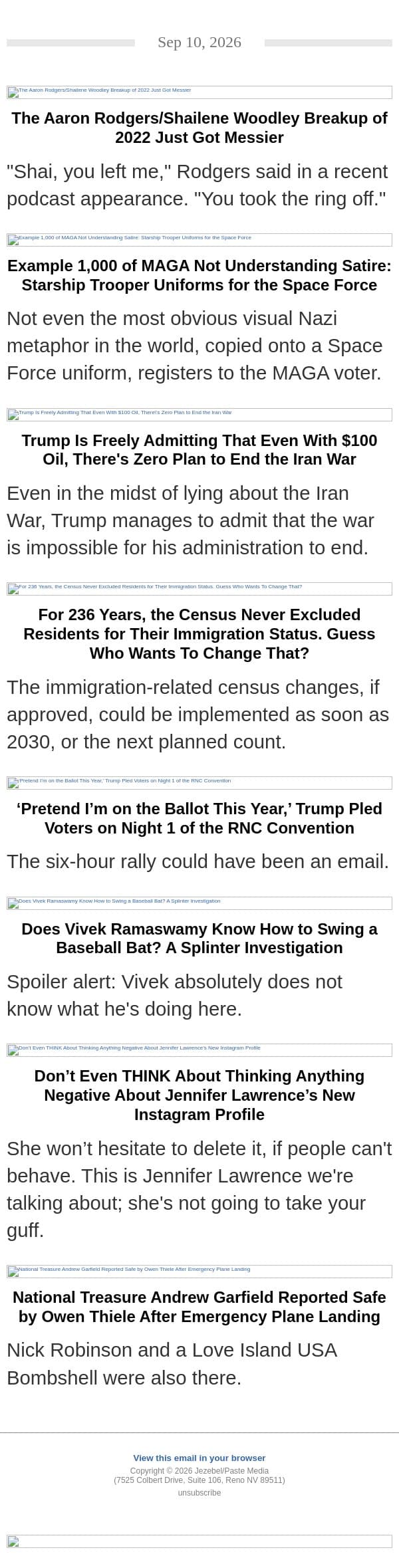 The Rodgers/Woodley Breakup Somehow Gets Worse, Trump Loves Nazi Uniforms, $100 Oil email from Jezebel screenshot